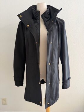 Nautica Black Trench Coat Lightweight Water-resistance with Quilted Bib